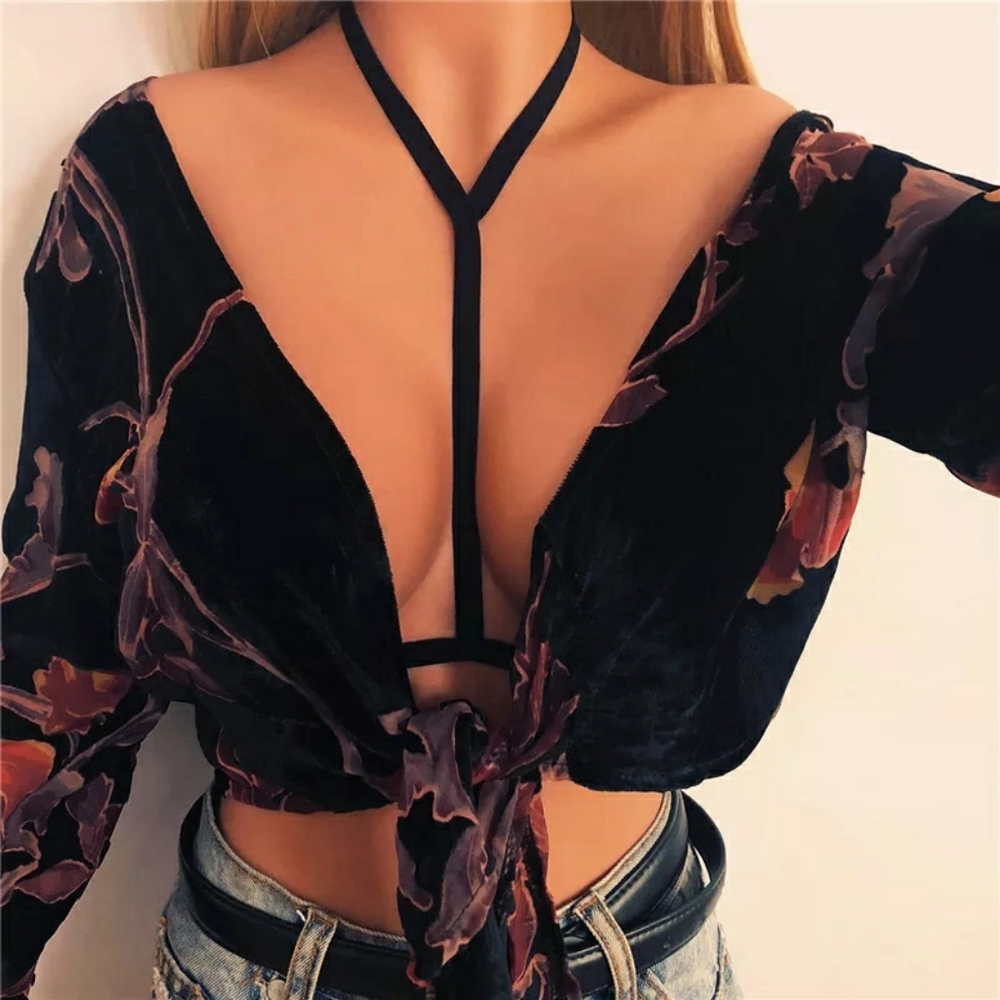 Black Halter Cupless Bandage Bra Top